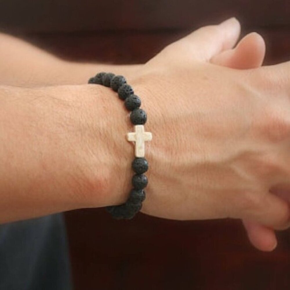 White Cross Black Lava Stone Beaded Bracelet 8mm beads - Size 8 inches - Picture 3 of 4